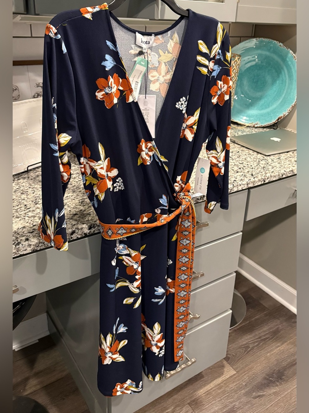 Leota Navy Floral Wrap Dress with Orange Belt